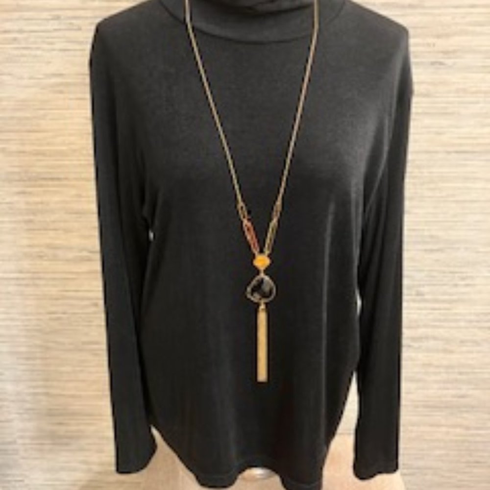 NWT!  Double Drop Pendant Disc Gold 26 Inch Necklace - Jet Black Stone